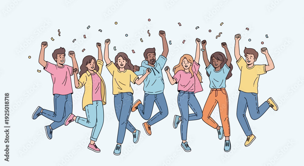 Obraz premium Group of happy young people jumping and celebrating together in flat vector illustration style. 