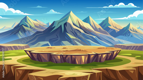 A high mountain plateau with flat elevated ground surrounded by distant mountain ranges open sky creates a strong sense of elevation clean minimal vector illustration flat design