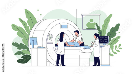 Medical professionals are operating an MRI scanner with a patient inside, conducting a diagnostic imaging procedure in a hospital.