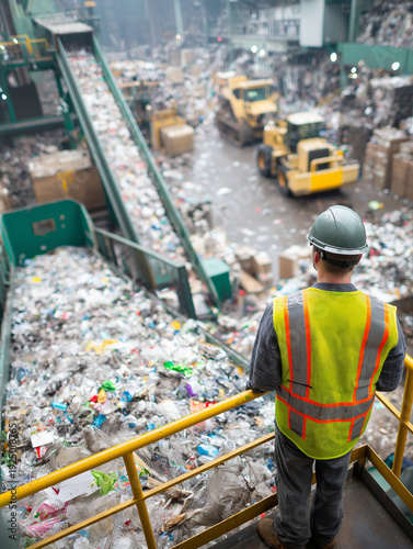 High angle view of a recycling facility employee in a safety vest and hard hat monitoring conveyor belts and piles of sorted waste material and machinery.
