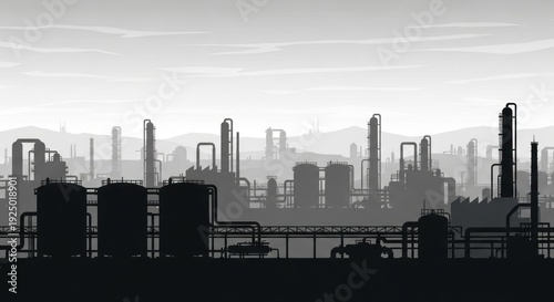 A grayscale industrial landscape with silhouetted structures and pipes against a hazy sky
