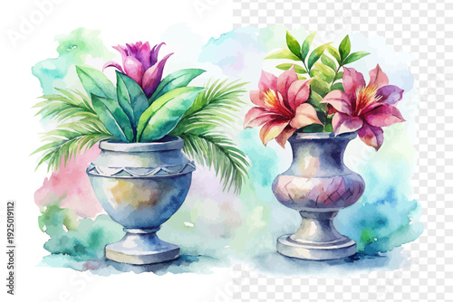 Watercolor Urn Plant Flower, Tropical Bromeliad Bloom, vector illustration isolated on white background