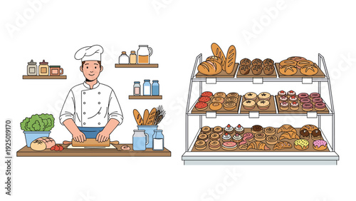 Two scenes showing a baker at work kneading dough and a bakery display case full of delicious pastries and breads.