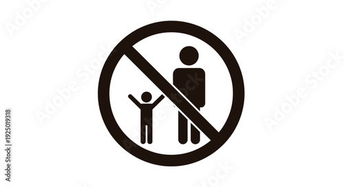 Simple vector graphic illustration depicting a universal prohibition sign crossed over stylized figures representing an adult and a child indicating no entry for minors or families.
