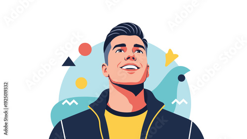 A handsome young man looks up with a hopeful and happy expression, surrounded by colorful abstract shapes and designs.