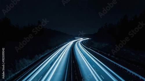 Long exposure shot of a winding highway at night, with light trails. Trees surround the road