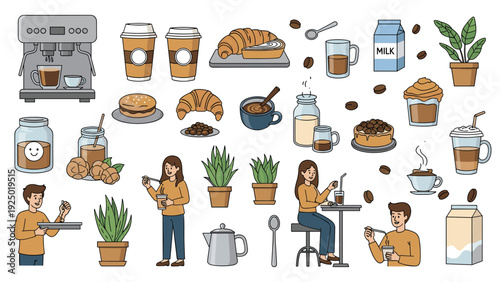 A large collection of hand-drawn coffee shop elements, including an espresso machine, drinks, pastries, plants, and people.