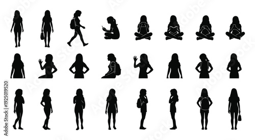 Girl silhouettes various poses and activities