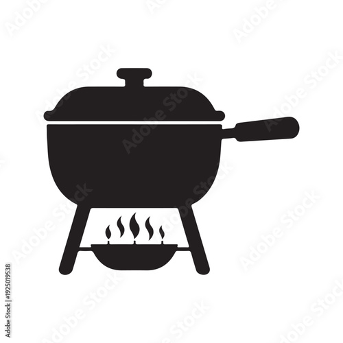 Black silhouette of a pot on a camping stove with flames burning underneath  cooking pot with lid and handle on white background