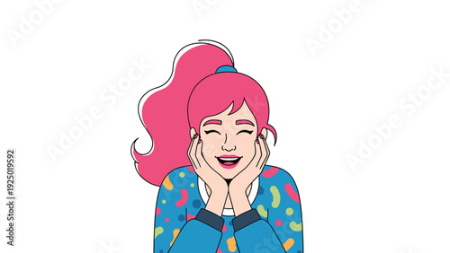 An overjoyed young woman with bright pink hair and a colorful sweater laughs happily with her hands on her cheeks.
