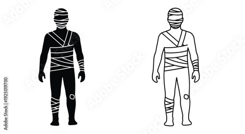 Two black and white depictions of a figure wrapped like a mummy