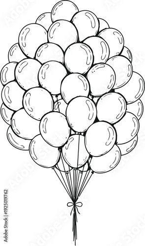 Sketch of a large bunch of balloons floating upwards on a white background