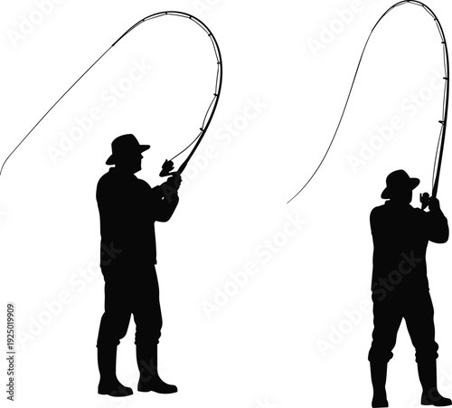 Silhouettes of Two Fishermen Casting Fishing Rods Isolated on White Background, Angler Sport Activity Illustration Concept