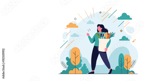 Young woman walking outdoors through a park with trees and clouds, carrying a tote bag full of fresh vegetables like carrots.