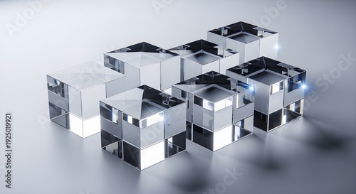 A group of shiny metal cubes on a reflective surface