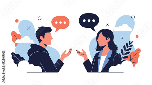 Man and a woman engaged in a conversation with speech bubbles above them, set against an abstract background of clouds and plants.