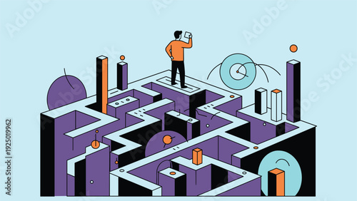 Man standing on top of a complex three-dimensional maze, looking through a device to find a path, symbolizing problem-solving.