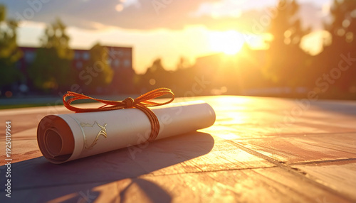 Graduation Diploma Scroll at Sunset University Campus Golden Hour