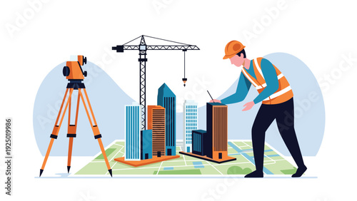 Male surveyor or architect in a hard hat and safety vest working on a city map with miniature building models and a theodolite.