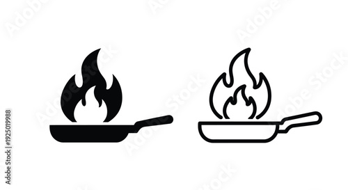 Two black silhouettes of frying pans with flames inside them