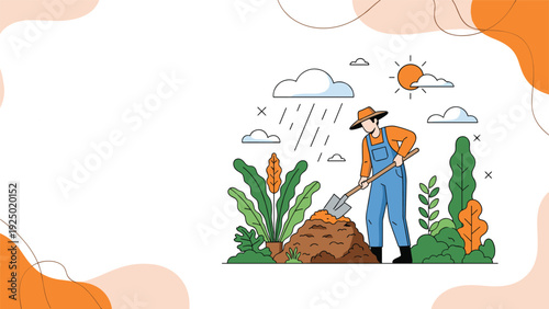 Farmer in overalls and a hat using a shovel to work with a pile of soil or compost in a lush garden with copy space.