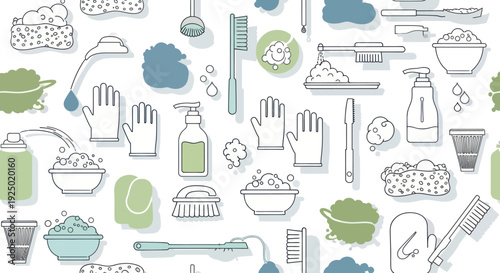 Seamless pattern of cleaning supplies and hygiene items.