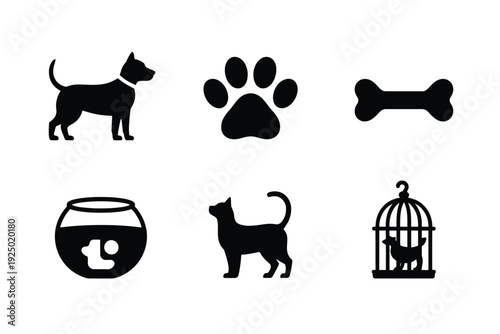 Black and white icons representing various pets and their accessories isolated on white background, Vector, illustration