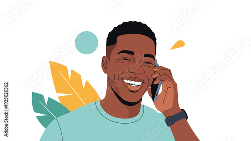 Close-up portrait of a happy, smiling young black man talking on his cell phone, with abstract shapes and leaves in the background.