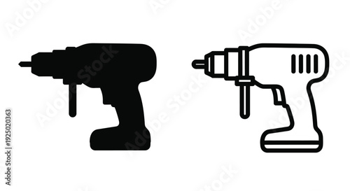 Two depictions of a cordless power drill one solid and one outlined