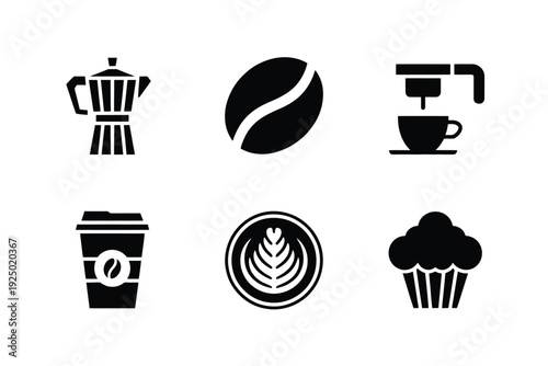 Classic icons representing various coffee-related items and beverages isolated on white background, Vector, illustration