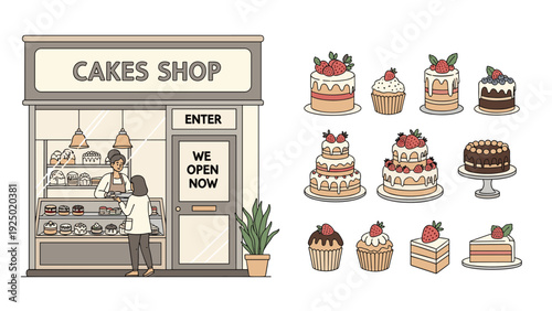 A cake shop storefront with a customer inside, alongside a separate collection of various beautifully decorated cakes and cupcakes.