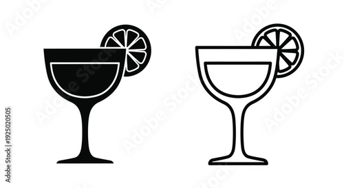 Two cocktail glasses with orange slices a simple black and white illustration