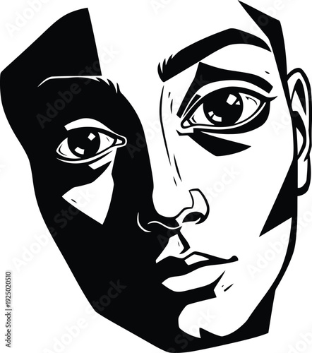 Dramatic black and white portrait of a face with strong shadows