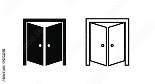 Two black and white icons depicting open double doors or gateways