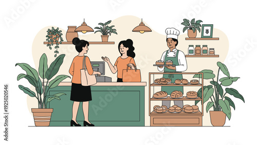 A customer being served by a friendly cashier at a cozy bakery, while a baker in a chef's hat presents fresh pastries.