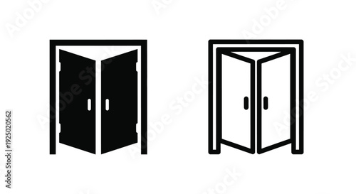 Simple black and white icons depicting open and closed double doors