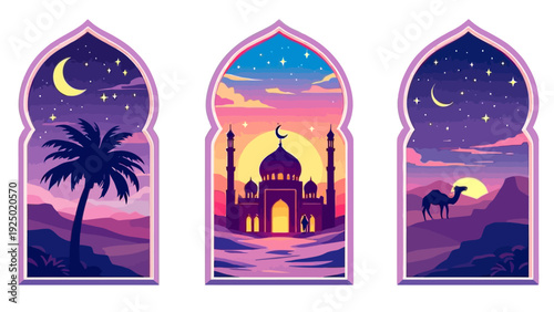 Set of colorful islamic arch window illustrations featuring mosque silhouettes, camel, palm trees, crescent moon, and desert landscape in modern flat vector style