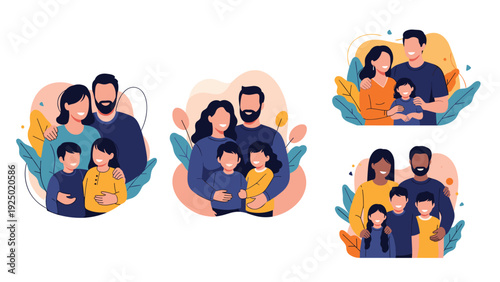 A set of four diverse and happy family portraits, including interracial couples, all hugging their children in a loving embrace.