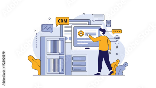 A man interacting with a Customer Relationship Management system on a large screen, managing client profiles and data analytics.