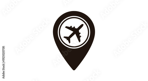 Simple vector graphic design illustrating a dark location pin icon containing a silhouette of an airplane marking an airport destination or travel point