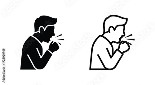 Two black silhouettes depict a person coughing into their elbow