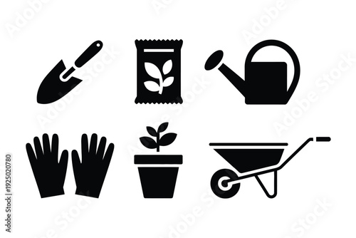 Iconic set of gardening and outdoor maintenance tools for home improvement projects isolated on white background, Vector, illustration
