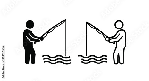Two figures fishing with rods over water simple black and white pictogram
