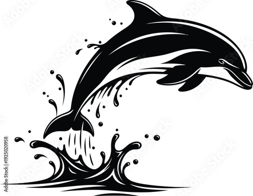 Dynamic black ink dolphin leaping through splashing water