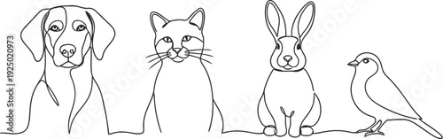 Minimalist line art portrait of four diverse household pets