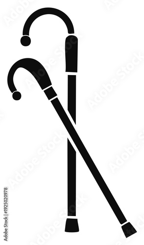 Two black walking canes, silhouette, isolated on white background