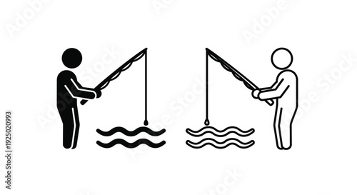 Two figures fishing with lines cast into wavy water below