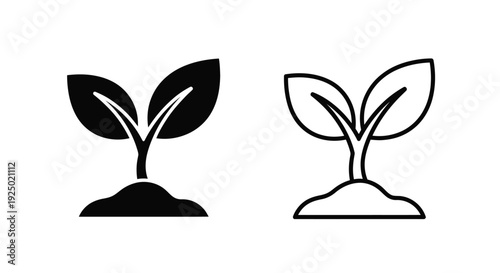 Two stylized sprout icons one filled one outlined in black