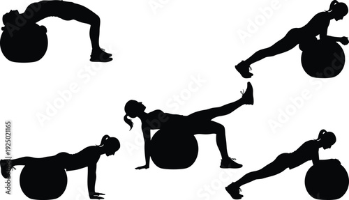 Female Fitness Silhouette Performing Stability Ball Exercises Isolated on White Background, Home Workout, Core Strength and Pilates Training Concept