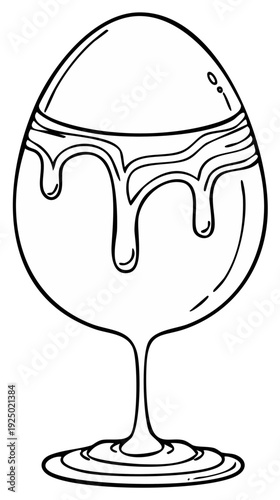 Outline illustration of a soft boiled egg in a fancy cup with dripping yolk, black and white